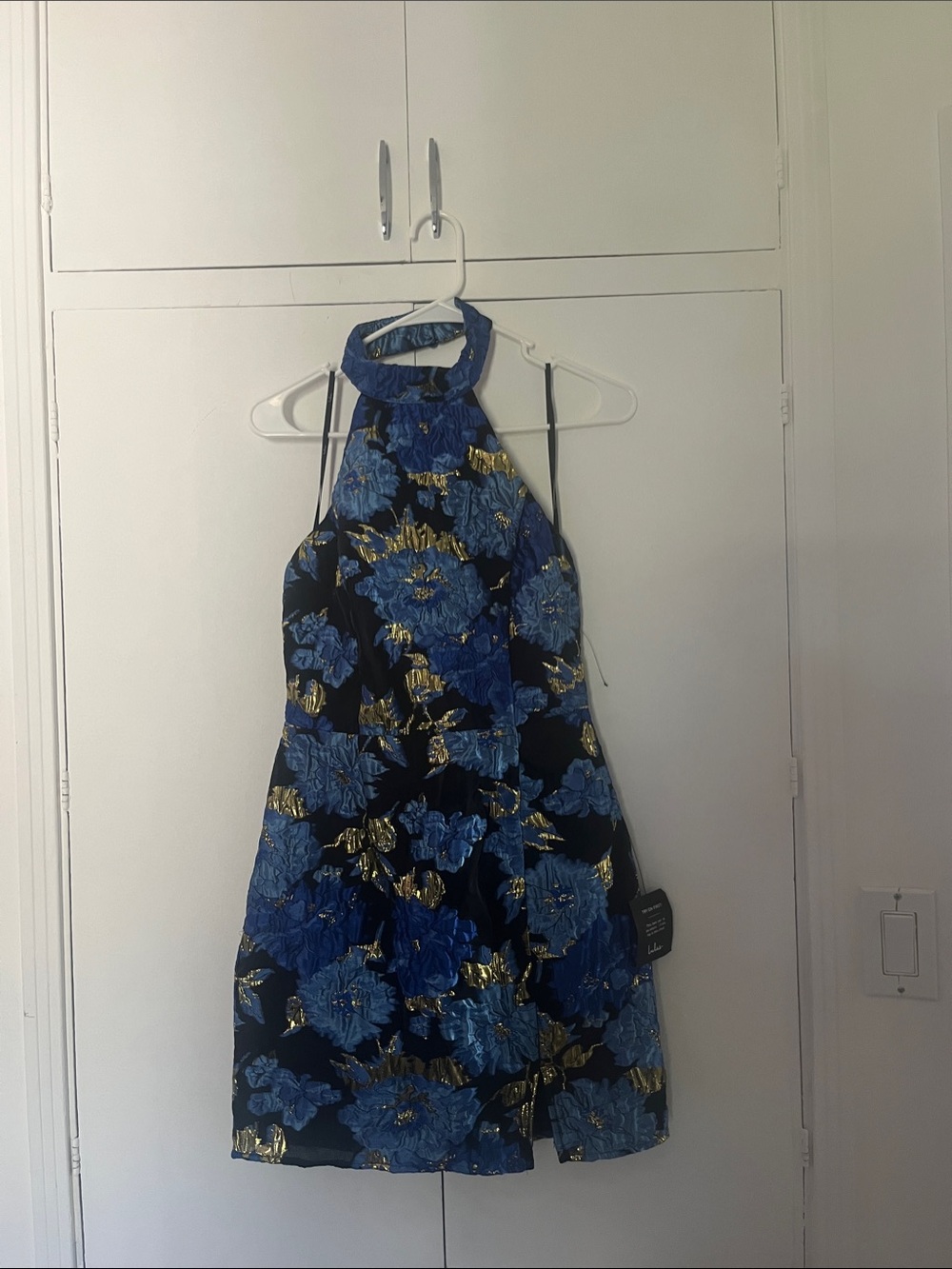 Lulu's Black Halter Mini Dress with Blue and Gold Floral Print